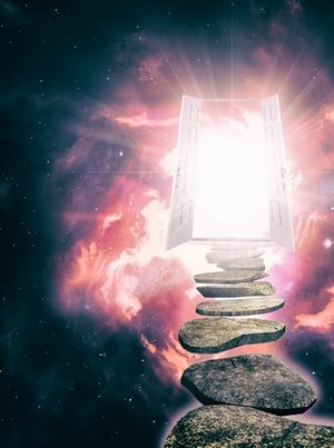 portal to oher dimensions purple space galaxy door with floating stone steps leading up to it